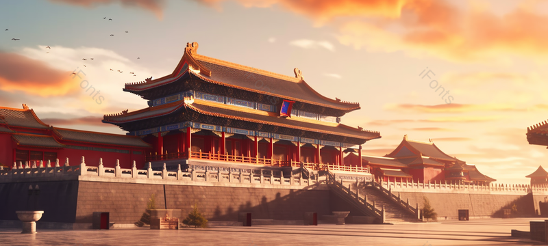 日出日落晚霞时分阳光下的中国故宫建筑午门国庆节插画,插画/手绘图,插画/手绘图库,插画/手绘图下载,插画/手绘